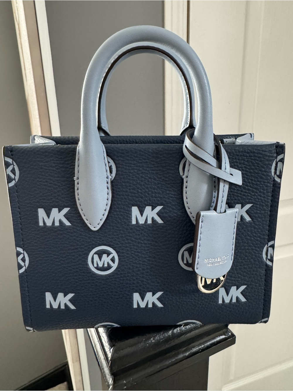 Michael Kors Navy Blue and Light Gray MK Logo Mini Satchel
